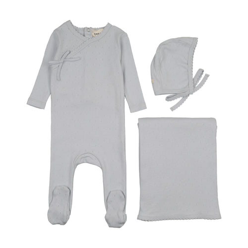 Mema Knits Pointelle Scalloped Edge 3PC Layette - Gray Dawn