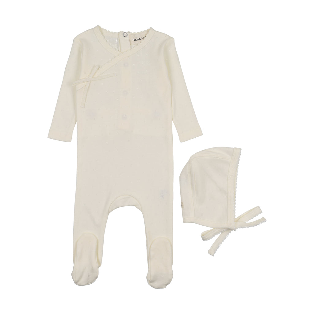 Mema Knits Pointelle Scalloped Edge footie & Bonnet - Ivory