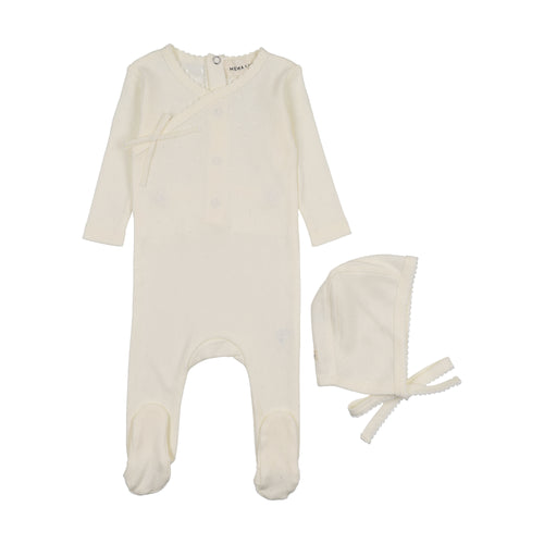 Mema Knits Pointelle Scalloped Edge footie & Bonnet - Ivory