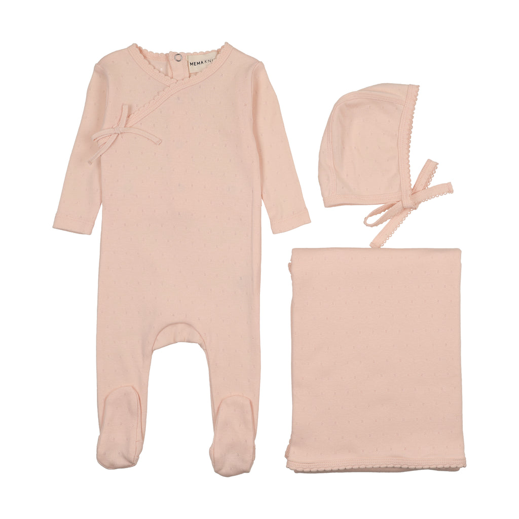 Mema Knits Pointelle Scalloped Edge 3PC Layette - Pale Pink