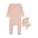 Mema Knits Pointelle Scalloped Edge footie & Bonnet - Pale Pink