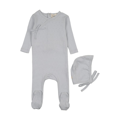 Mema Knits Pointelle Scalloped Edge Footie & Bonnet - Gray Dawn