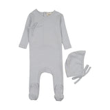 Mema Knits Pointelle Scalloped Edge Footie & Bonnet - Gray Dawn