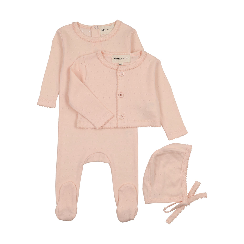 Mema Knits Pointelle Footie and Cardigan Set & Bonnet - Pale Pink