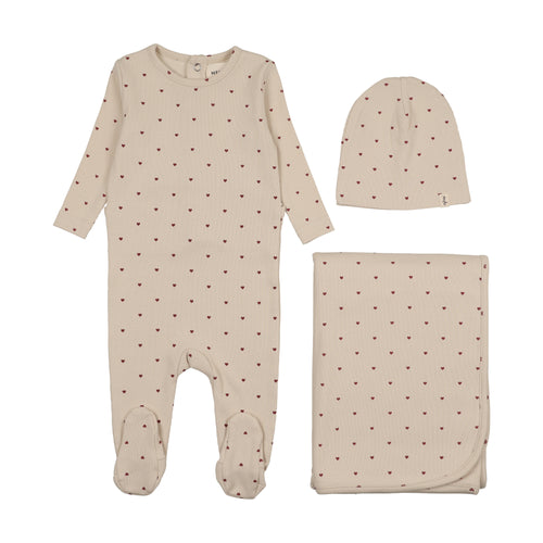 Mema Knits Heart Printed 3PC Layette Set - Ecru / Red Hearts
