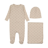 Mema Knits Heart Printed 3PC Layette Set - Ecru / Red Hearts