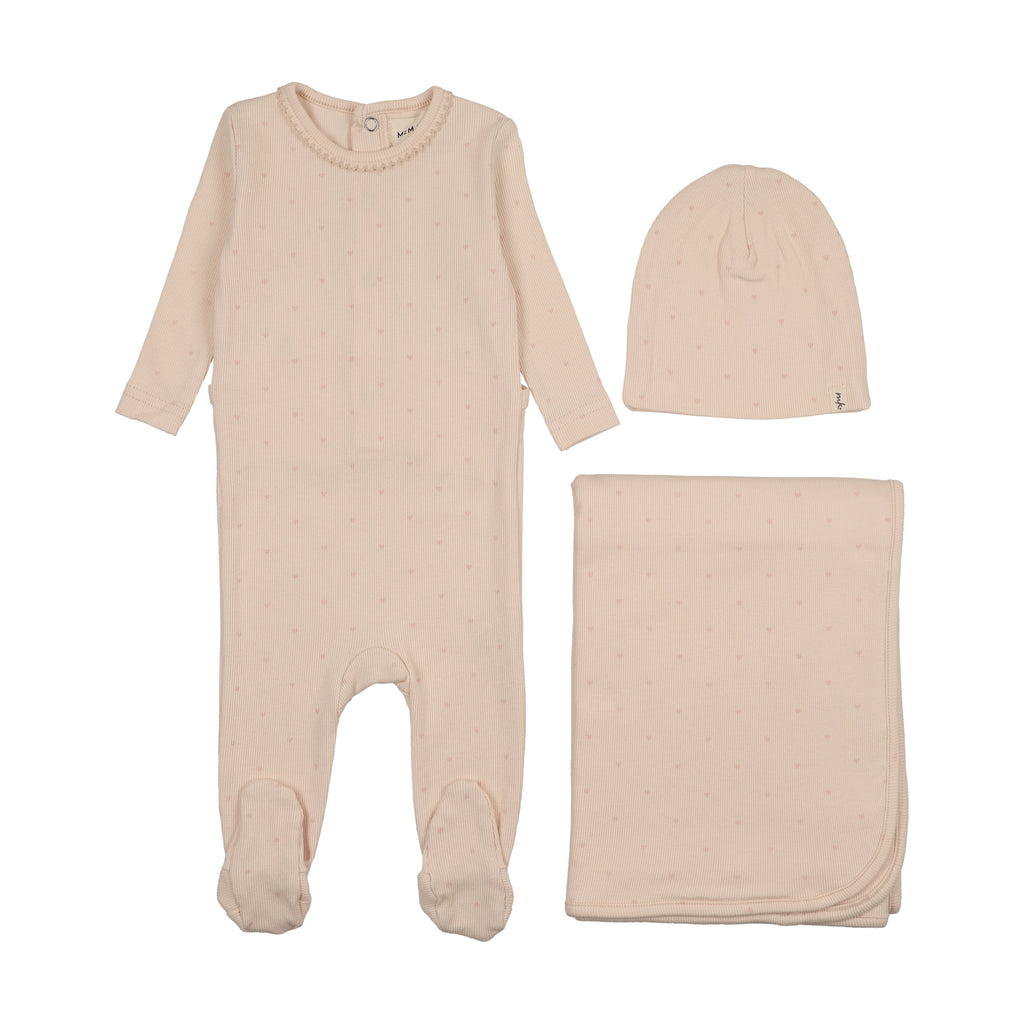 Mema Knits Heart Printed 3PC Layette Set - Light Pink / Rose Hearts