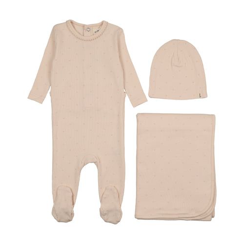 Mema Knits Heart Printed 3PC Layette Set - Light Pink / Rose Hearts