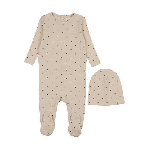 Mema Knits Heart Printed  Footie & Bonnet - Ecru / Red Hearts