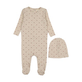 Mema Knits Heart Printed  Footie & Bonnet - Ecru / Red Hearts