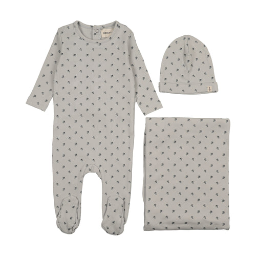 Mema Knits Berry Print 3PC Layette Set - Blue Berry Print