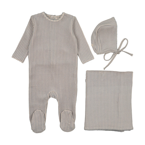Mema Knits Velour Gingham 3PC Layette Set - Windy Blue