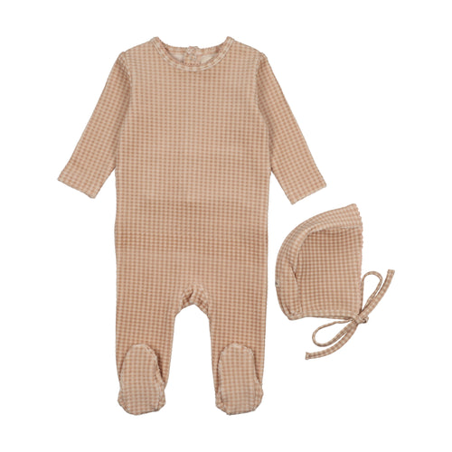Mema Knits Velour Gingham Footie & Bonnet - Rose Dust