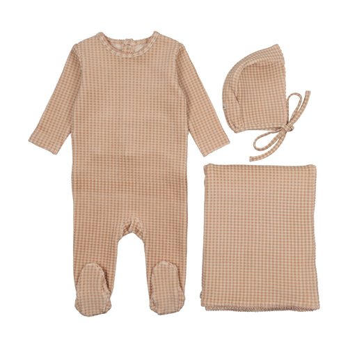 Mema Knits Velour Gingham 3PC Layette Set - Rose Dust