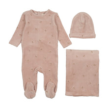 Load image into Gallery viewer, Mema Knits Velour Scattered Cherries 3PC Layette Set - Dusty Light Pink/Rose