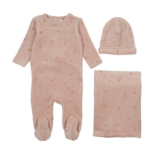 Mema Knits Velour Scattered Cherries 3PC Layette Set - Dusty Light Pink/Rose
