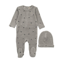 Load image into Gallery viewer, Mema Knits Velour Scattered Cherries Footie &amp; Beanie - Misty Blue/Navy Cherries