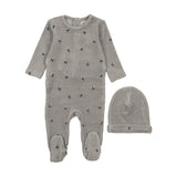 Mema Knits Velour Scattered Cherries Footie & Beanie - Misty Blue/Navy Cherries