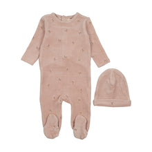 Load image into Gallery viewer, Mema Knits Velour Scattered Cherries Footie &amp; Beanie - Dusty Light Pink / Rose Dust Cherries