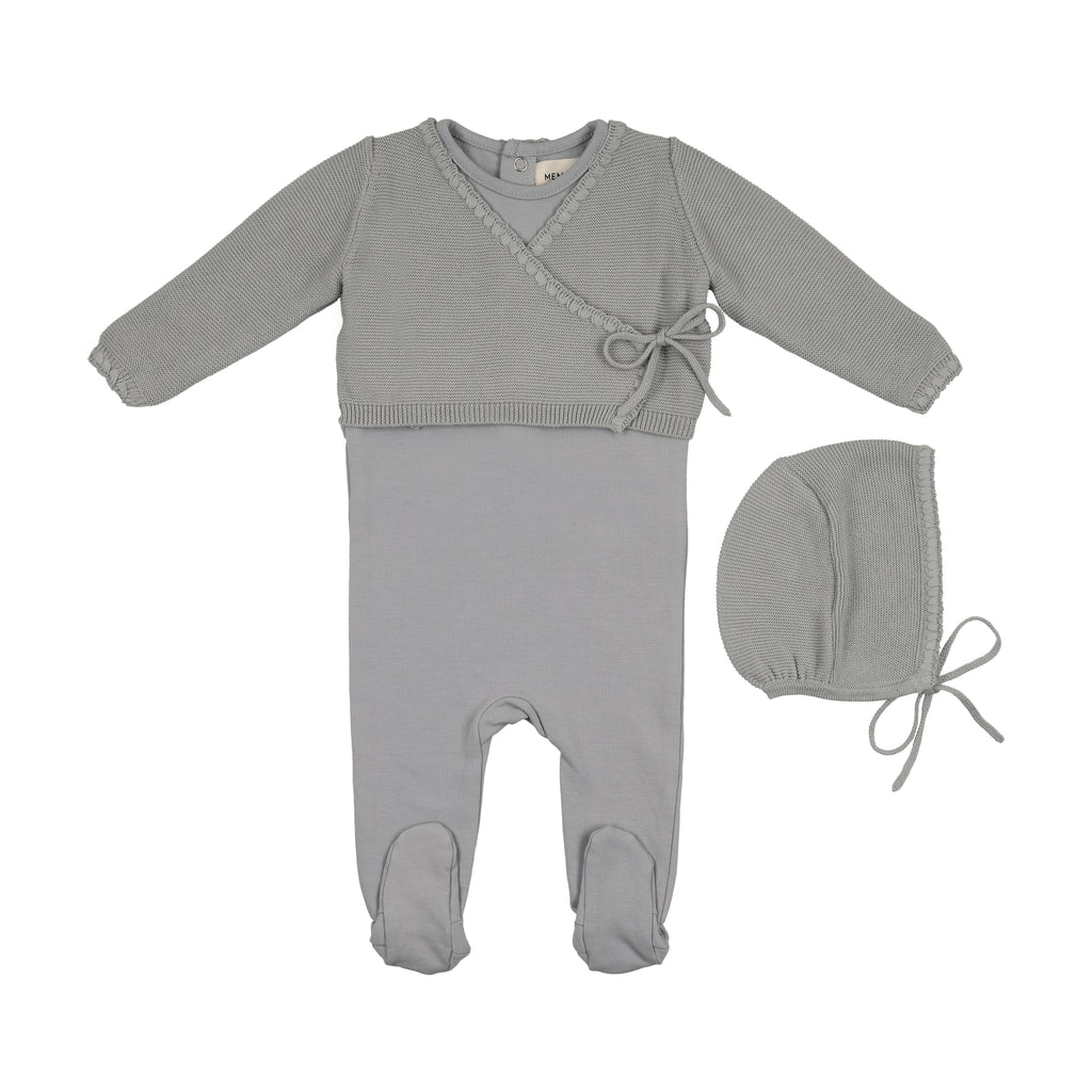 Mema Knits Embroidered Edge Knit Sweater, Bonnet and Footie - Windy Blue