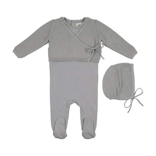 Mema Knits Embroidered Edge Knit Sweater, Bonnet and Footie - Windy Blue