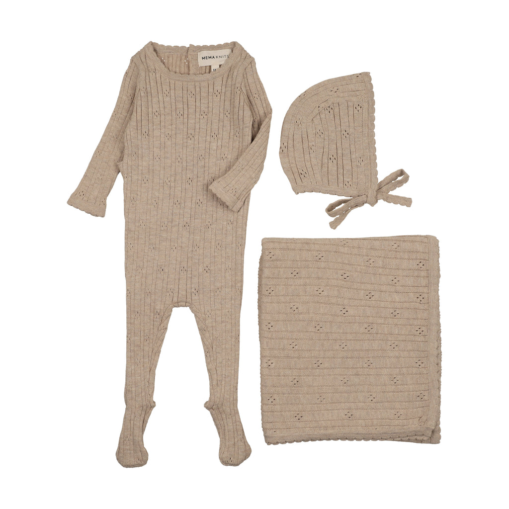 Mema Knits Pointelle knit 3 pc set - Beige Mélange