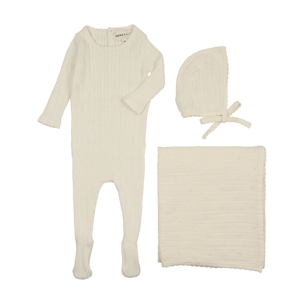 Mema Knits Pointelle knit 3 pc set - Ivory