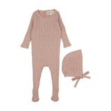 Mema Knits Pointelle knit footie & bonnet - Pale Pink