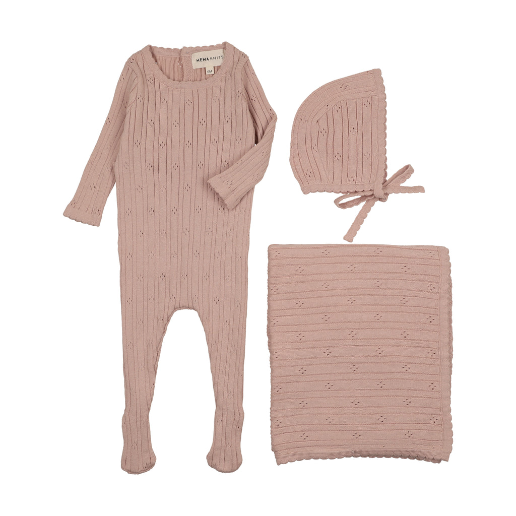 Mema Knits Pointelle knit 3 pc set - Pale Pink