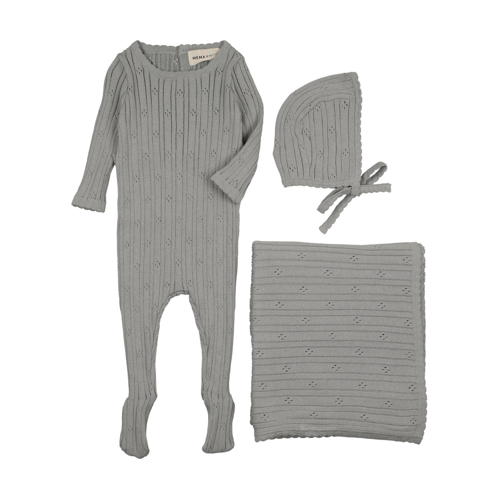 Mema Knits Pointelle knit 3 pc set - Windy Blue