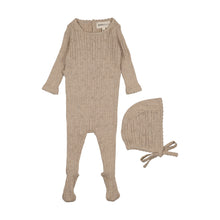 Load image into Gallery viewer, Mema Knits Pointelle knit footie &amp; bonnet - Beige Mélange