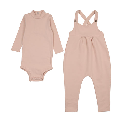 Mema Knits French terry overall & mockneck onesie set -  Rose Smoke Melange