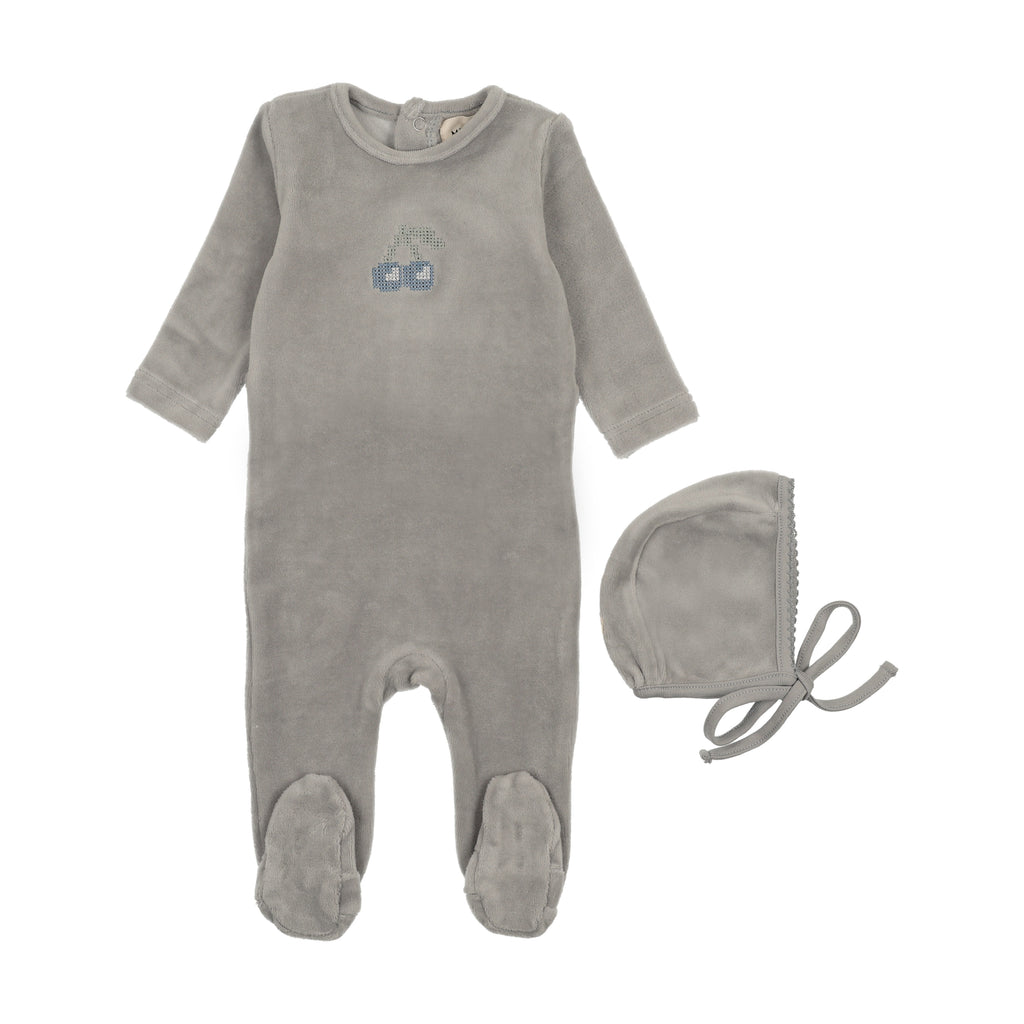 Mema Knits Velour Embroidered Cherry Footie & Bonnet - Misty Blue / Blue Cherry