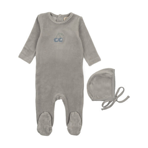 Mema Knits Velour Embroidered Cherry Footie & Bonnet - Misty Blue / Blue Cherry