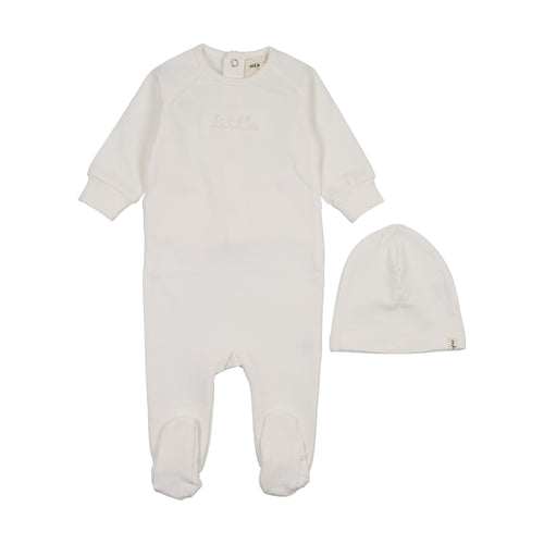 Mema Knits Embossed sweatshirt Footie & Beanie - Winter White
