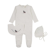 Load image into Gallery viewer, Mema Knits Embroidered Duck Footie + Bonnet + Bib - Winter White/Slate Duck