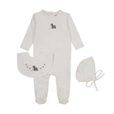 Mema Knits Embroidered Duck Footie + Bonnet + Bib - Winter White/Slate Duck