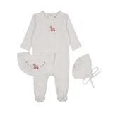 Mema Knits Embroidered Duck Footie + Bonnet + Bib - Winter White/Pink Duck