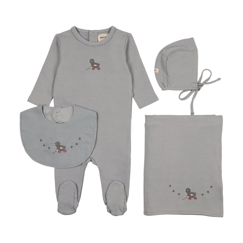 Mema Knits Embroidered Duck four piece set (including  bib) - Windy Blue/Slate Duck