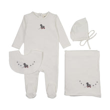 Load image into Gallery viewer, Mema Knits Embroidered Duck four piece set (including  bib) - Winter White/Slate Duck