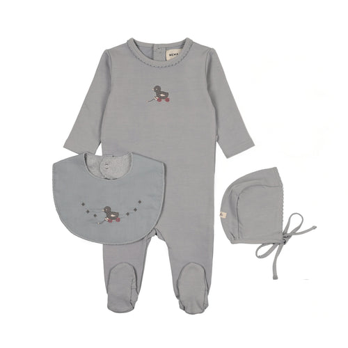 Mema Knits Embroidered Duck Footie + Bonnet + Bib - Windy Blue/Slate Duck