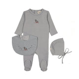 Mema Knits Embroidered Duck Footie + Bonnet + Bib - Windy Blue/Slate Duck