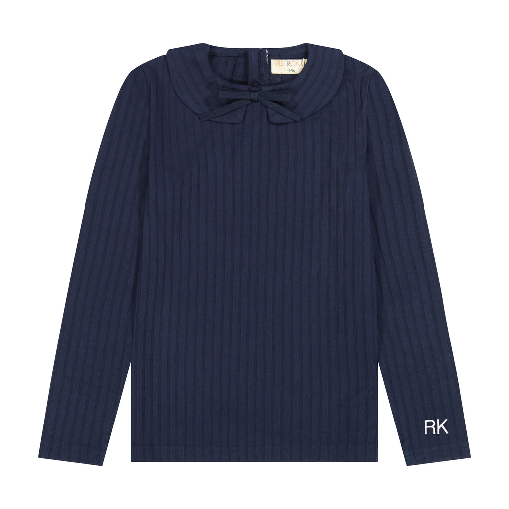 Retro Kid Mae Ribbed Collar T-shirt With Bow - Navy