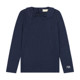 Retro Kid Mae Ribbed Collar T-shirt With Bow - Navy