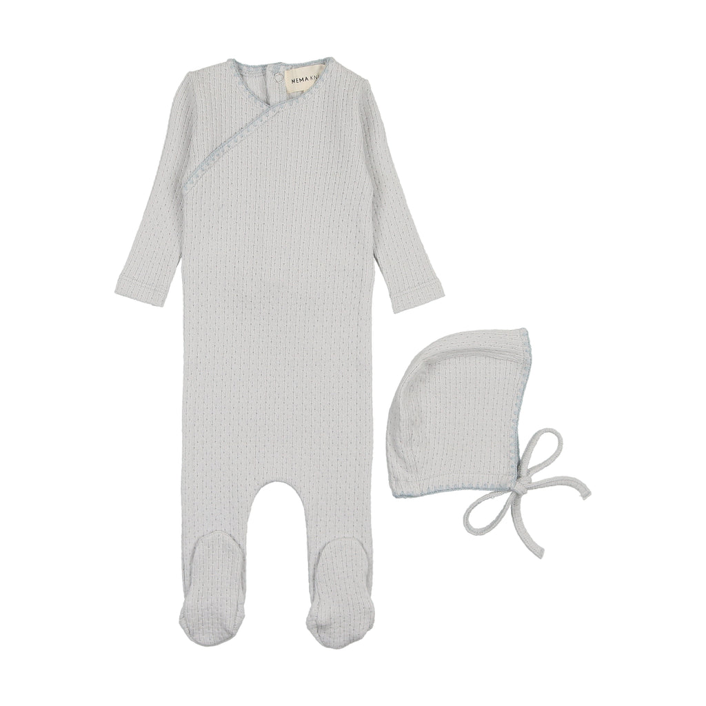 Mema Knits Embroidered Edge Footie & Bonnet - Soft Blue