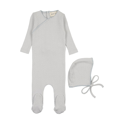 Mema Knits Embroidered Edge Footie & Bonnet - Soft Blue