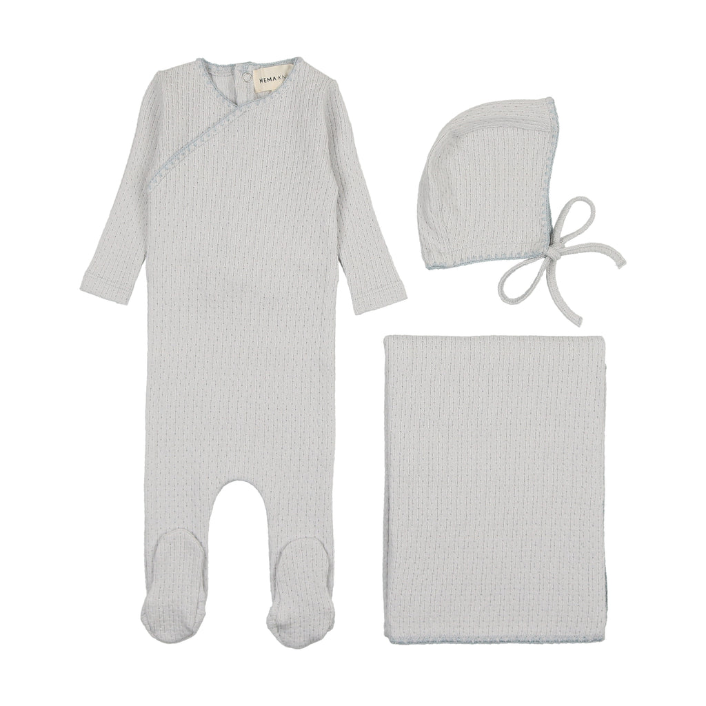 Mema Knits Embroidered Edge 3PC Set - Soft Blue