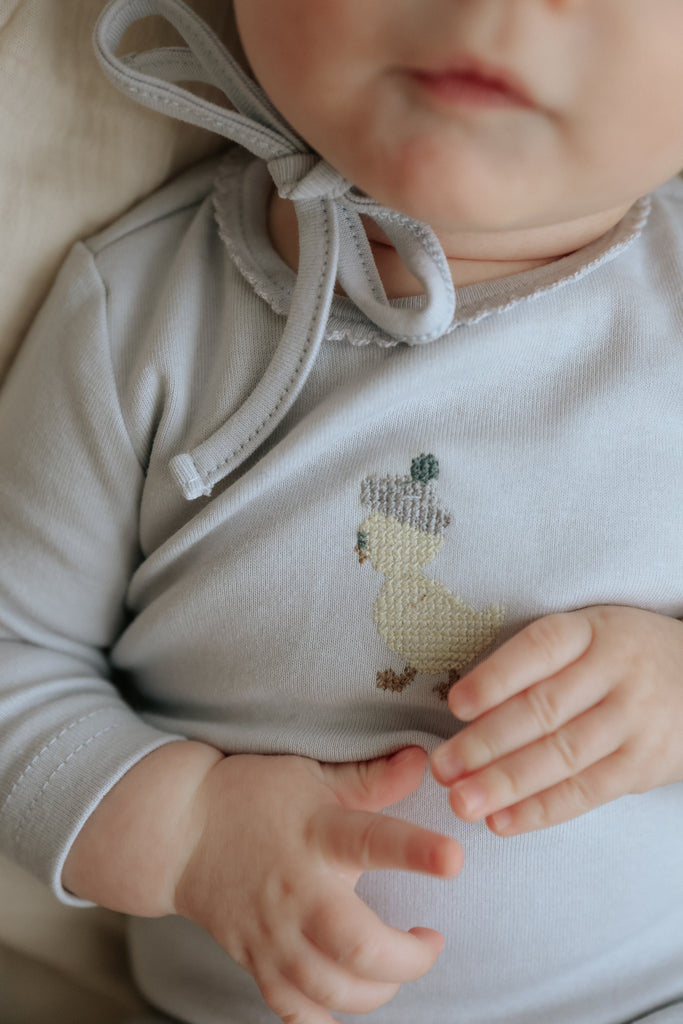 Mema Knits Yellow Duck Embroidered Footie - Gray Dawn