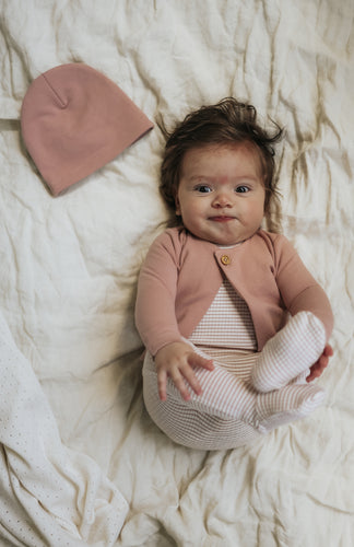 Mema Knits Striped Fooite W French Terry Cardigan + Beanie - Pink