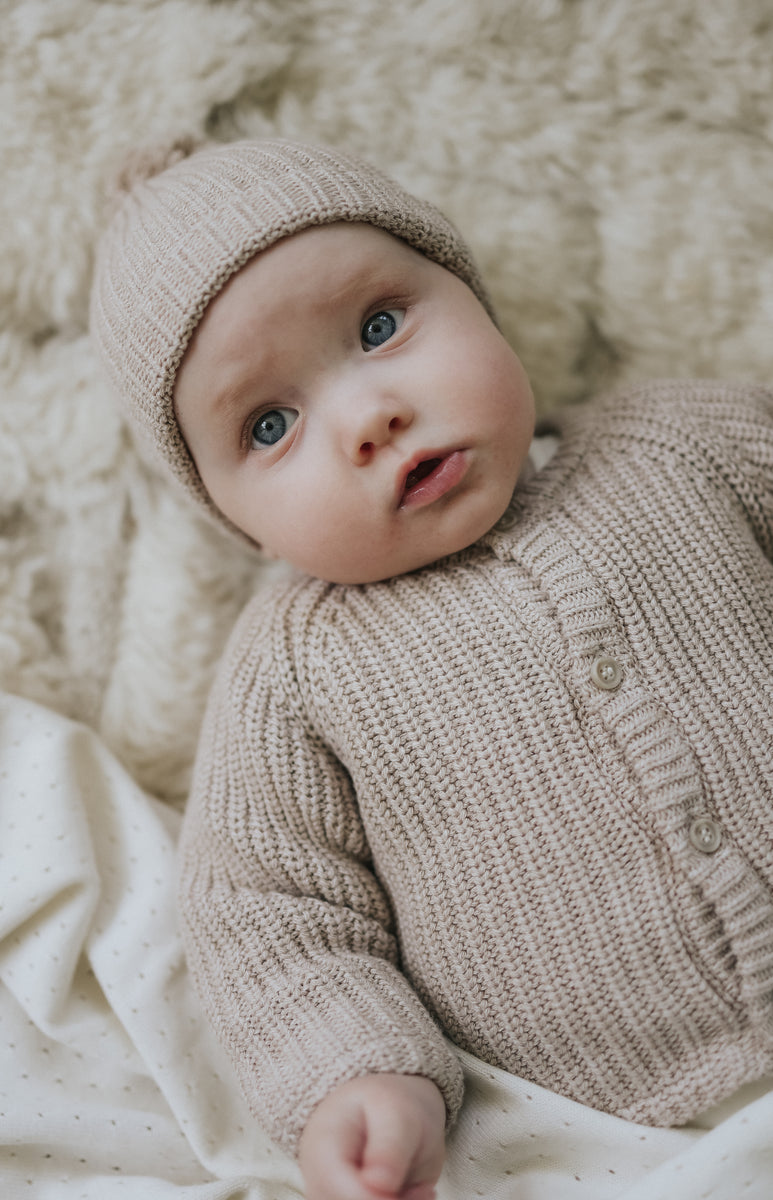 Mema Knits Knit Jacket + Pompom Hat Cream Moonlight Layette